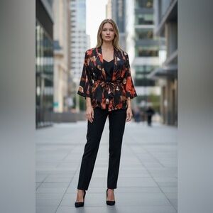 Chic Le Frique Dubai, Abstract Print Satin Kimono, Small, Navy, Red